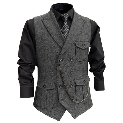 Men Vest GrayHerringbone Double Button With Pocket Waistcoat For Wedding Party Banquet Business Casual Daily Work Men Suit Vest
