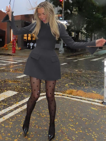 Long Sleeves Zipper Bodycon Mini Dress With Pocket Solid Elegant Outfit Office Streetwear Women’S Autumn Winter Clothes