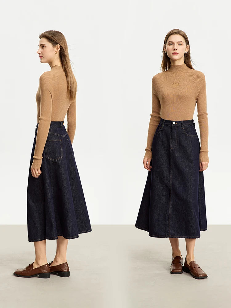 Minimalist Women Denim Skirt 2025 Autumn New French Retro Loose Basics Casual A-line Office Lady Cotton Midi Skirt 12343070