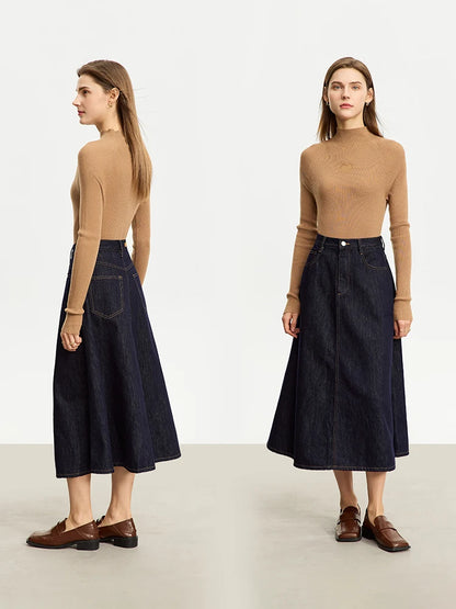 Minimalist Women Denim Skirt 2025 Autumn New French Retro Loose Basics Casual A-line Office Lady Cotton Midi Skirt 12343070
