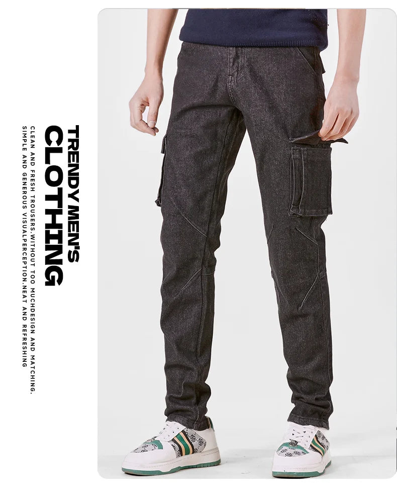 Men's Street Style Elastic Waist Denim Cargo Pants Solid Color Washed Slim Fit Casual Jeans with Multiple Pockets for Daily Wear