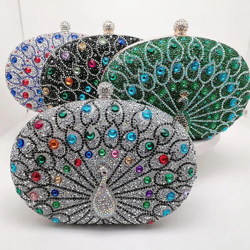 New Peacock Pattern Handbags Diamond Evening Bags for Women 2024 Fashion Luxury Evening Clutch and Purse Rhinestone Shoulder Bag
