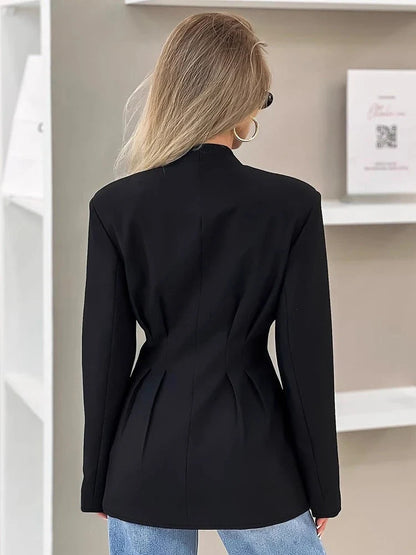 Elegant V-neck Tunics Black Suit 2026 Spring Women's Long Sleeve Single Breasted Slim Blazers Ruched Outerwear Streetwear