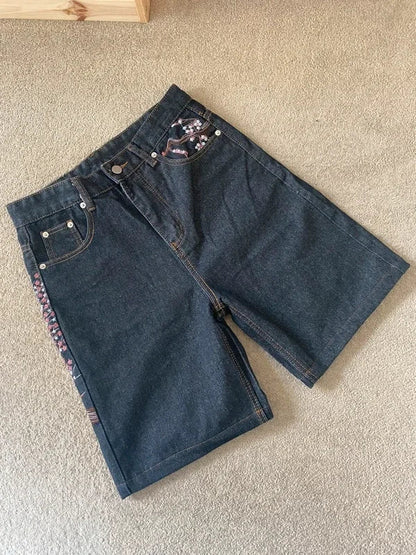 Men Dark Wash Denim Shorts Back Pocket Cherry Blossom Embroidered Loose Fit Knee Length Vintage Streetwear Casual Summer Wear