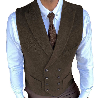Men Vest Gray Herringbone Solid With Lapel Double Button Waistcoats For Wedding Banquet Business Office Work Men Suit Vest