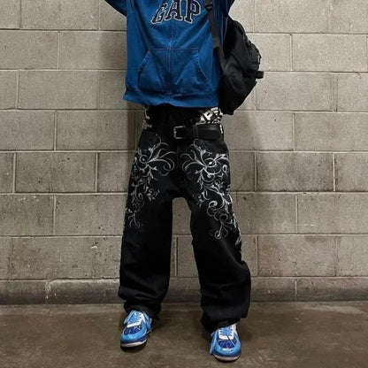 Jeans embroidered hip-hop wide-leg floor-moving Y2K mid-waist gothic individual men's pants American retro fashion trousers