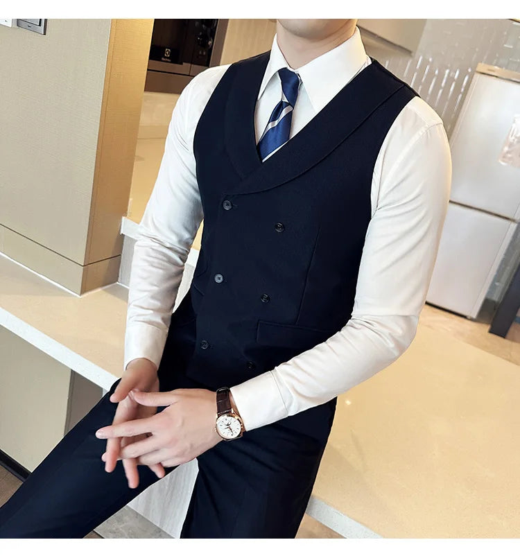 ( Vest + Pants) Men's Double-breasted Suit Vest 2 Pieces Set High Quality Business Casual Fashion Groom Wedding Dress Vest Sets