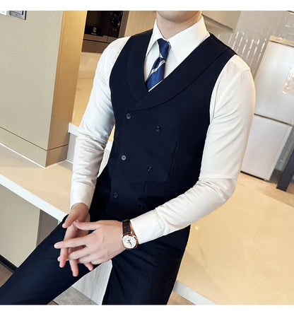 ( Vest + Pants) Men's Double-breasted Suit Vest 2 Pieces Set High Quality Business Casual Fashion Groom Wedding Dress Vest Sets