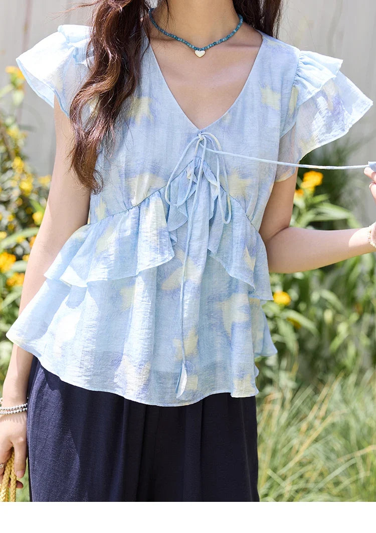 Blue Double-layer Ruffled Linen V-neck Blouse for Women Summer 2025 Slim Flying Sleeve Breathable Lace-up Tops MXE33X1819