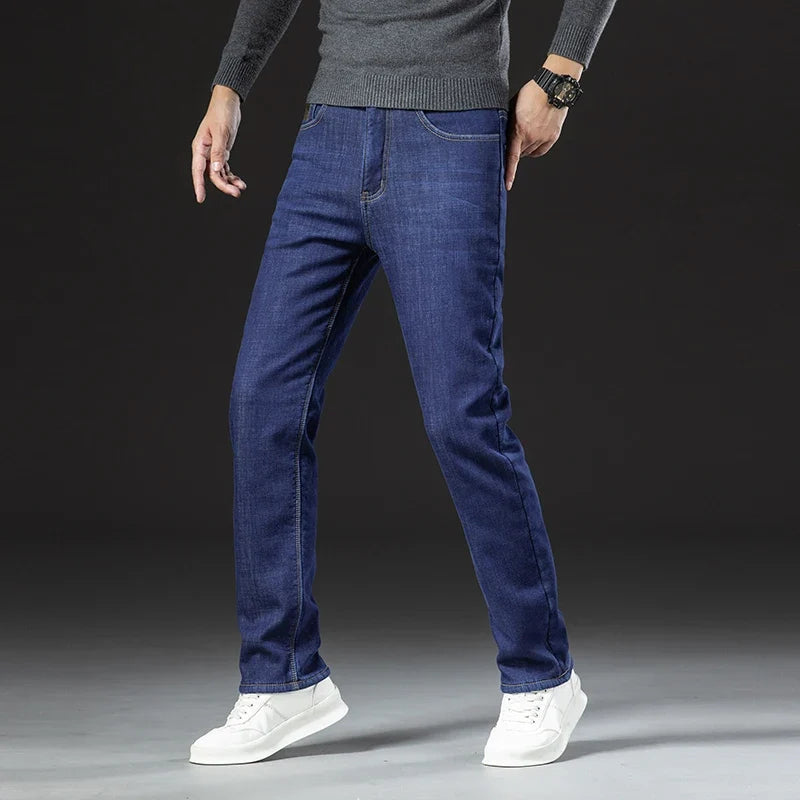 Winter Warm Fleece Jeans Men 2025 Straight Stretch Thick Casual Thermal Denim Pants Male Business Work Trousers New Men Clothing