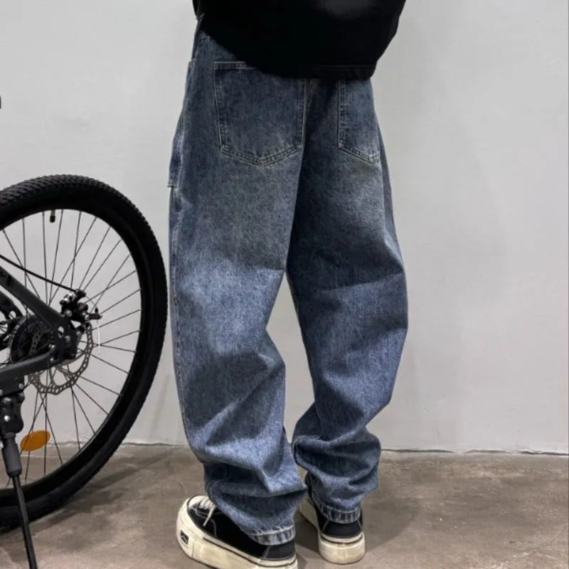 Spring Korean Vintage Men'S Jeans Three-Dimensional Large Pockets And Diagonal Zipper Design Wide Leg Casual Straight Leg Pants