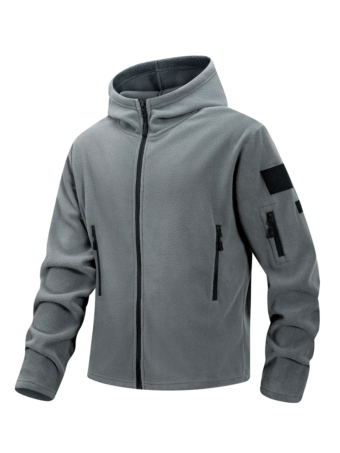 Men's Hiking Tactical Fleece Full Zip Hooded Jacket Multi-Zipper Pockets Design Autumn Winter Warm Outdoor Sports Coat for Men