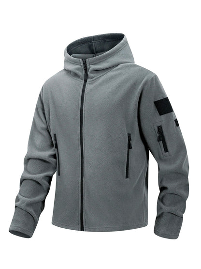 Men's Hiking Tactical Fleece Full Zip Hooded Jacket Multi-Zipper Pockets Design Autumn Winter Warm Outdoor Sports Coat for Men