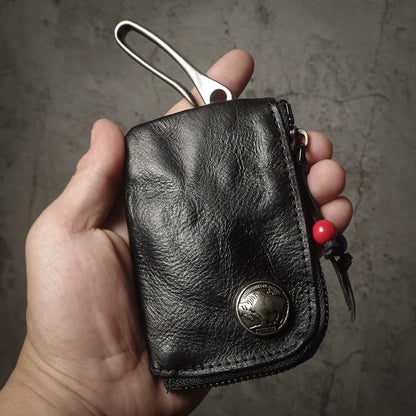 Top Cowhide Car Key Bags Men Women Vintage  Zipper Coin Purse Genuine Leather Wallet Card Holde ‌Housekeeper Home Organizer