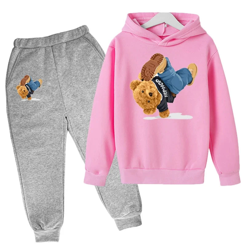 Kids Hoodie Set Cotton Top Pants 2pcs Sets Spring/Autumn Children's Clothing Street Dance Cartoon Bear Print Boys Girls Tops