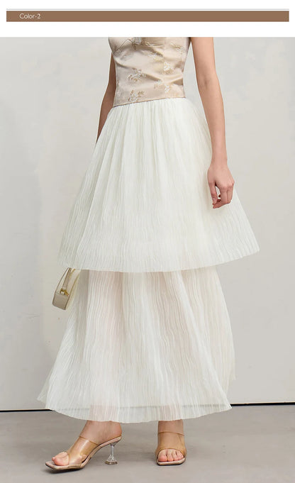 Long Skirt 2026 Spring New Casual Vacation Waist Pleated Mesh Long Skirt Women Loose Solid Versatile Woman Clothes 12621001