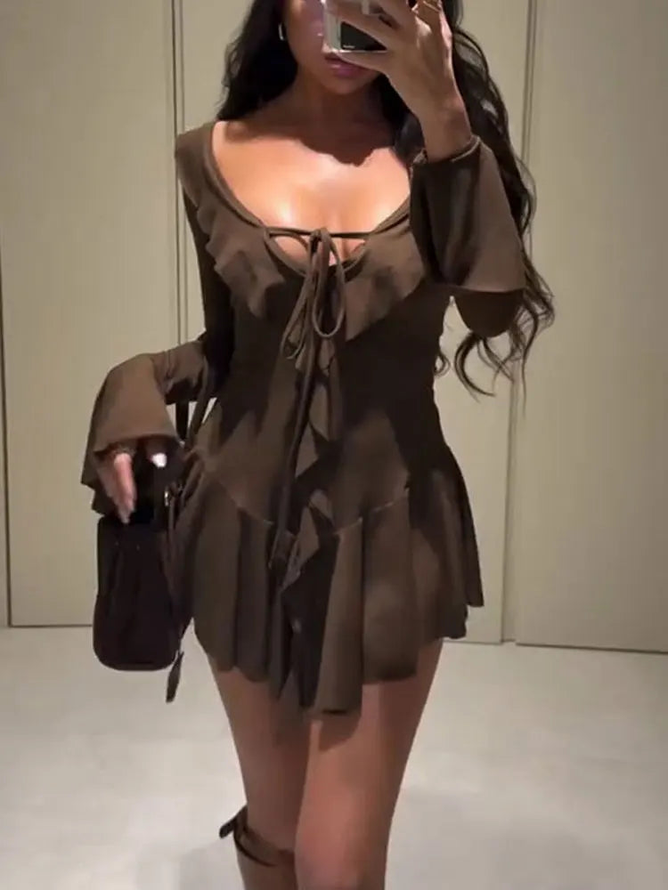 Ruffled Lace-Up White Mini Dress Women's V-Neck Patchwork Long Sleeve Sexy Slim Dress Bandage Elegant Female Summer Dress