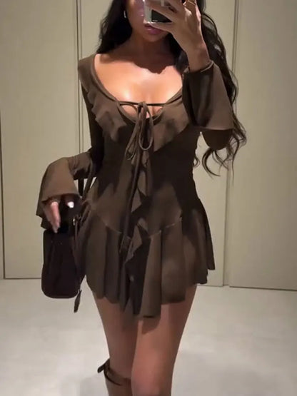 Ruffled Lace-Up White Mini Dress Women's V-Neck Patchwork Long Sleeve Sexy Slim Dress Bandage Elegant Female Summer Dress