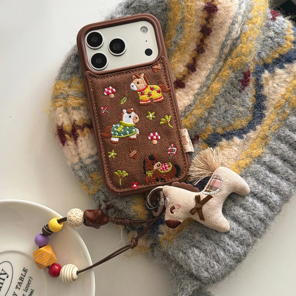 Cute Brown Embroidered Pony Mushroom With Lanyard Shockproof Protective Phone Cover Case for iPhone 17 16 15 14 Pro Max
