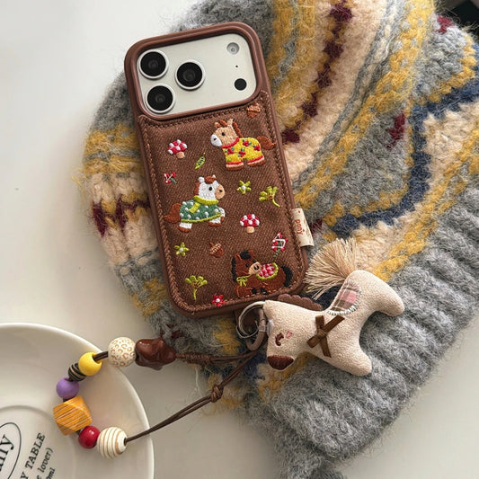 Cute Brown Embroidered Pony Mushroom With Lanyard Shockproof Protective Phone Cover Case for iPhone 17 16 15 14 Pro Max
