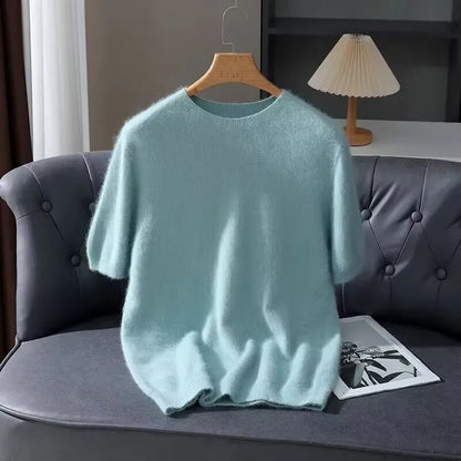 100% Mink Cashmere Knitted Short Sleeved Men's Loose Round Neck Solid Color Half Sleeved Simple T-Shirt Casual Business Cashmere