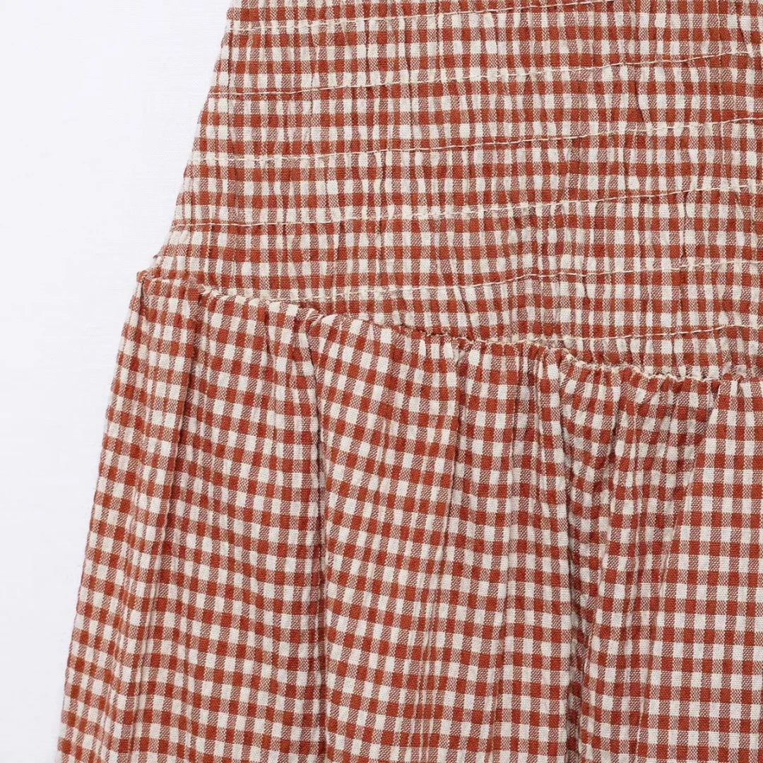 Dress for Women Fashion Summer New Plaid Fold Sleeveless O-neck Midi Vest Dresses French Chic Female Evening Clothing