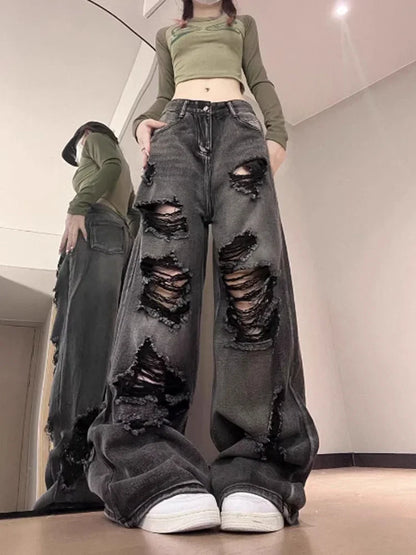 Women's Ripped Jeans Baggy Vintage Aesthetic Streetwear Cowboy Pants Harajuku Oversize Denim Trousers Y2k 2000s Trashy Clothes