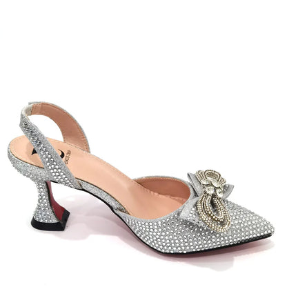 The Latest INS Style Rhinestone Bow Side Empty Party High Heels Pointed Toe Stiletto Heels Silver Women's Shoes And Bags