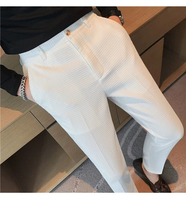 2024 Autumn New Waffle Stretch Waist Business Formal Pants Men Fashion Wedding Slim Trouser Mens Brand Social Party Suit Pants