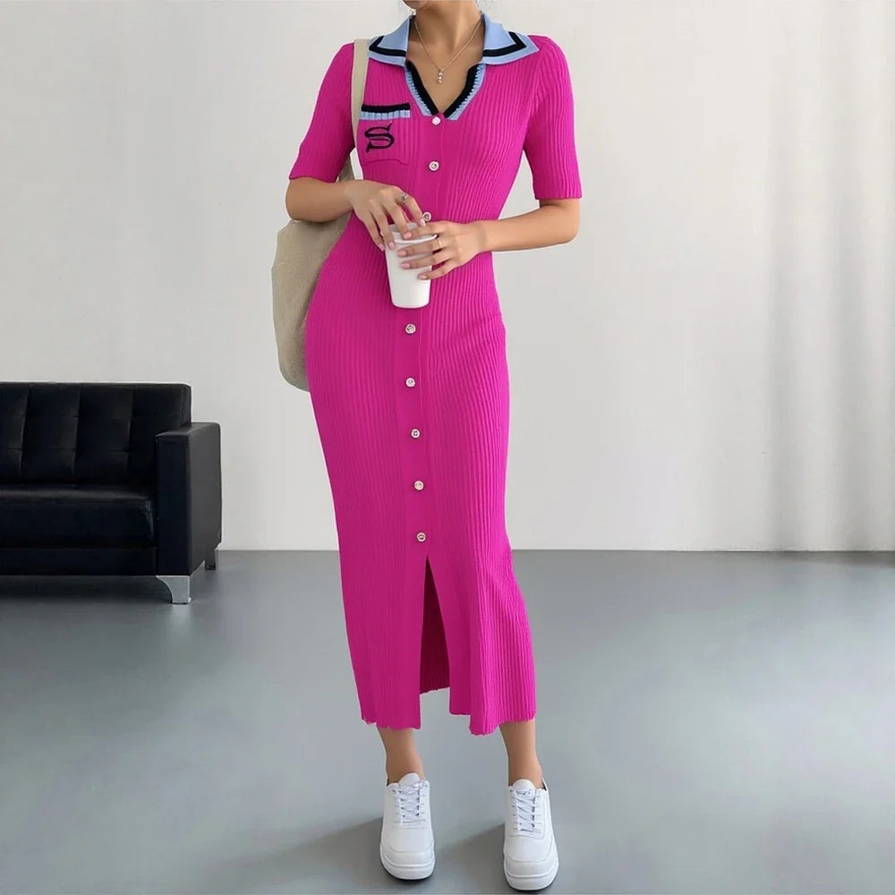 Chic Fashion Sexy Wrap Hips Knitted Long Dress 2026 New Brand Fashion Embroidery Single-breasted Shirt Dress Streetwear