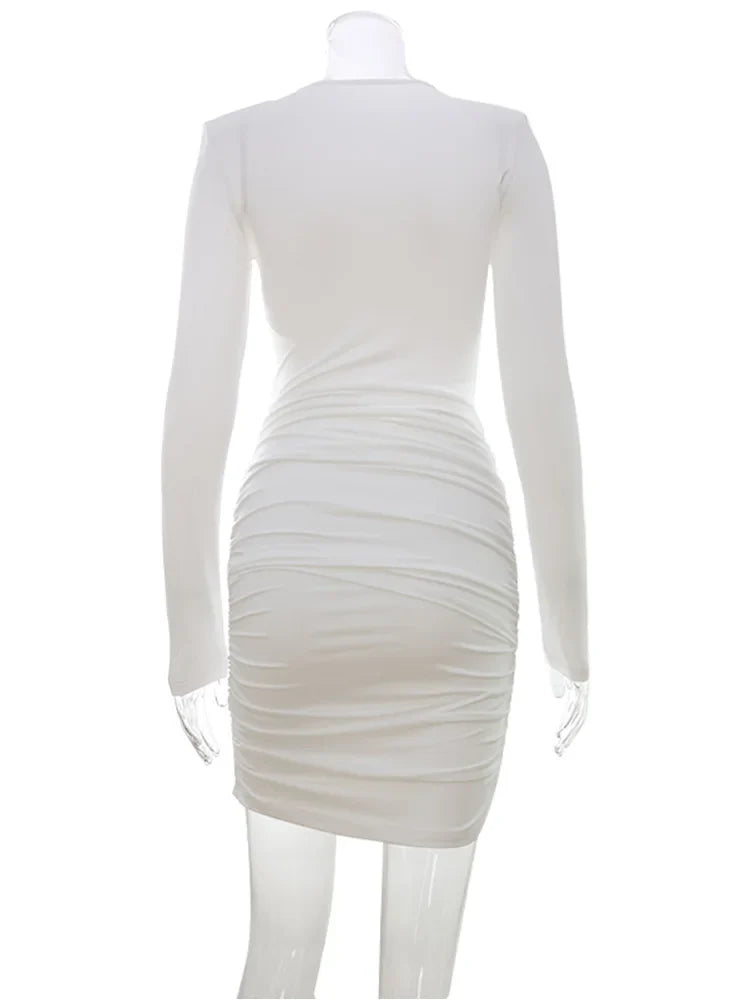 Solid Dresses For Women Fashion Sexy Club Long Sleeves Hollow Out O-Neck Hip Wrap Sheath Mini Vestidos Robes Female Streetwear
