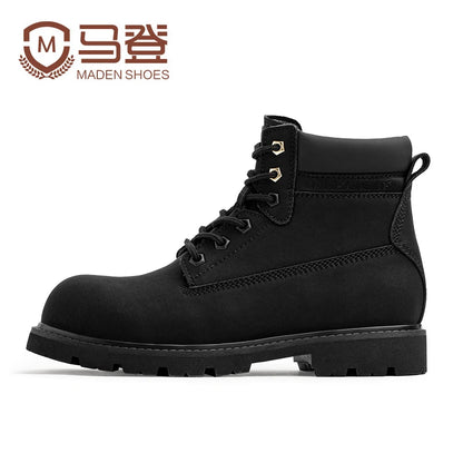 Men's Versatile Black Boots Plush Lining Warmth Shoes Retro Non-Slip Thick Sole Work Boots Outdoor Casual Mid-Calf Boots