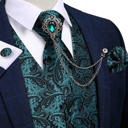 New Teal Green Paisley Formal Dress Vest Men's Suit Vest Waistcoat Tie Brooch Pocket Square Set for Tuxedo