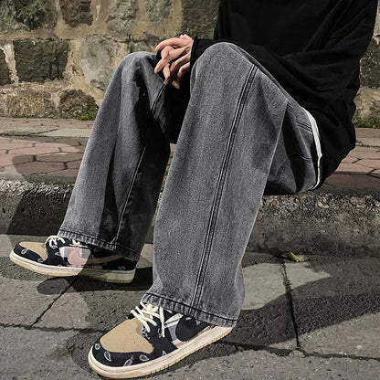 2026  Men's Jeans Korean Version Student Casual Pants High Street Straight Loose Wide Leg Jeans Black Grey  Blue Baggy Jeans