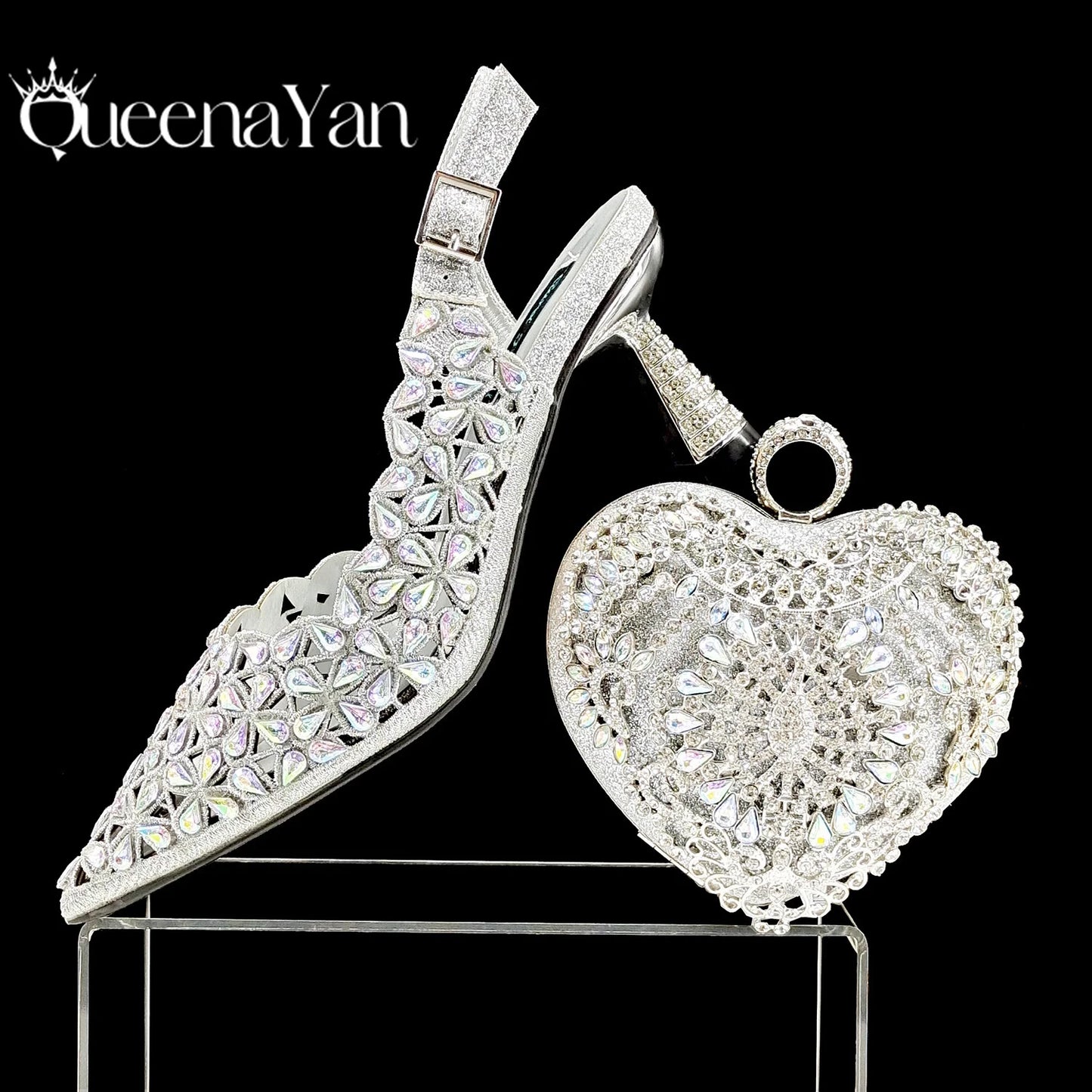 Fashion Design Heart Shape Three-Dimensional Hard Bag and Sexy Stiletto Shoes Shiny Rhinestones