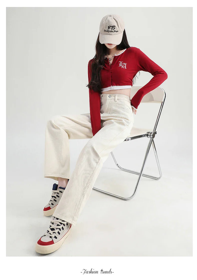 Woman Jeans Elastic High Waist Wide Leg Cotton Denim Clothing Blue White Streetwear Vintage Fashion Harajuku Straight Pants