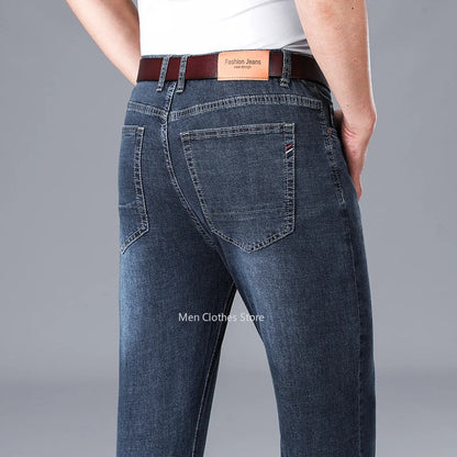2024 Brand Thin or Thick Material Men's Elastic Cotton Jeans Fashion Gray Comfortable Denim Business Casual High Waist Pants
