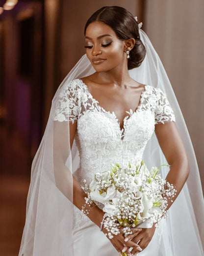 Sparkly Mermaid Satin Long Sleeve Wedding Dress 2024 Lace Appliqus Vestido De Noiva Sereia African Bridal Gown