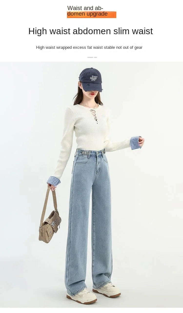 Winter Thick Warm Womens High Waist Jeans Fleece Lined Loose Fit Wide Leg Trousers Korean Style Stretchy Adjustable Waist  Jeans