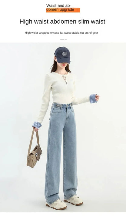Winter Thick Warm Womens High Waist Jeans Fleece Lined Loose Fit Wide Leg Trousers Korean Style Stretchy Adjustable Waist  Jeans