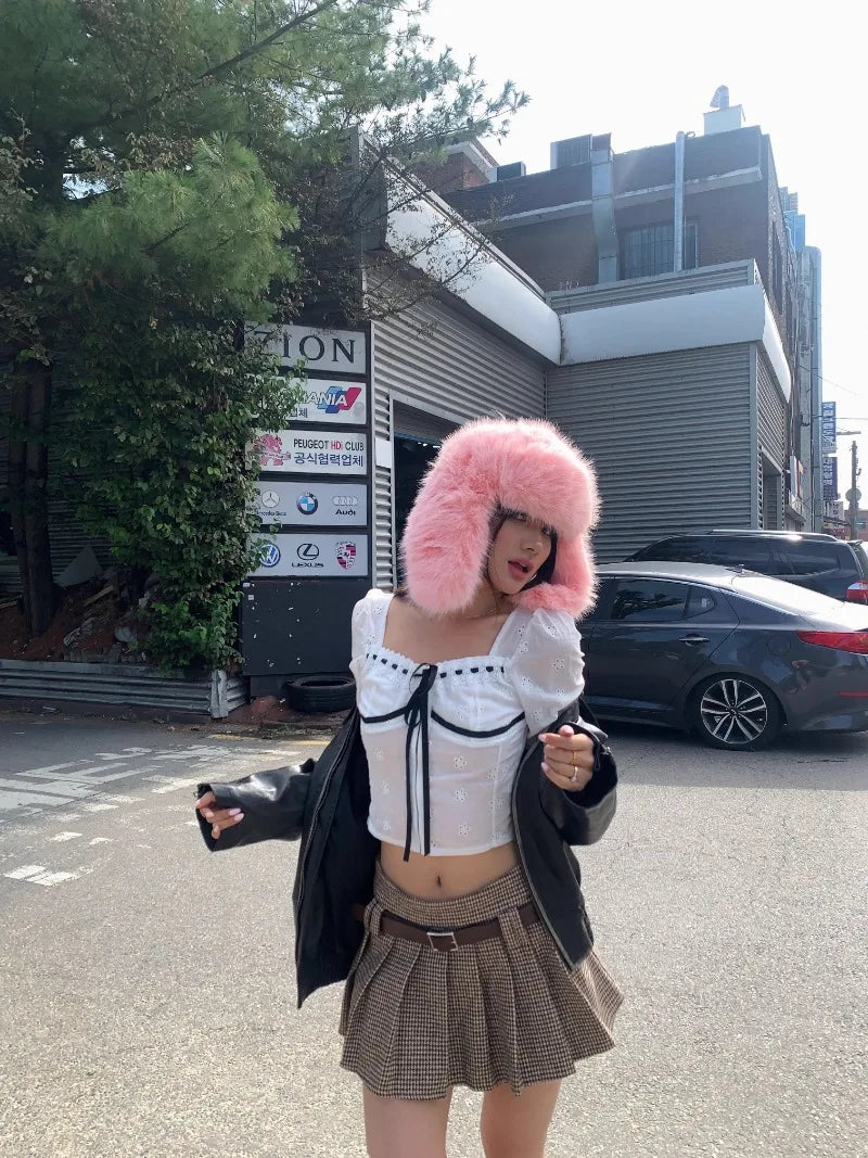 Korean Ins Imitation Mink Plush Hat Winter Women Ear Protection Bomber Hats Fashion Warm Fluffy Faux Fur Ski Beanies Y2k Gift