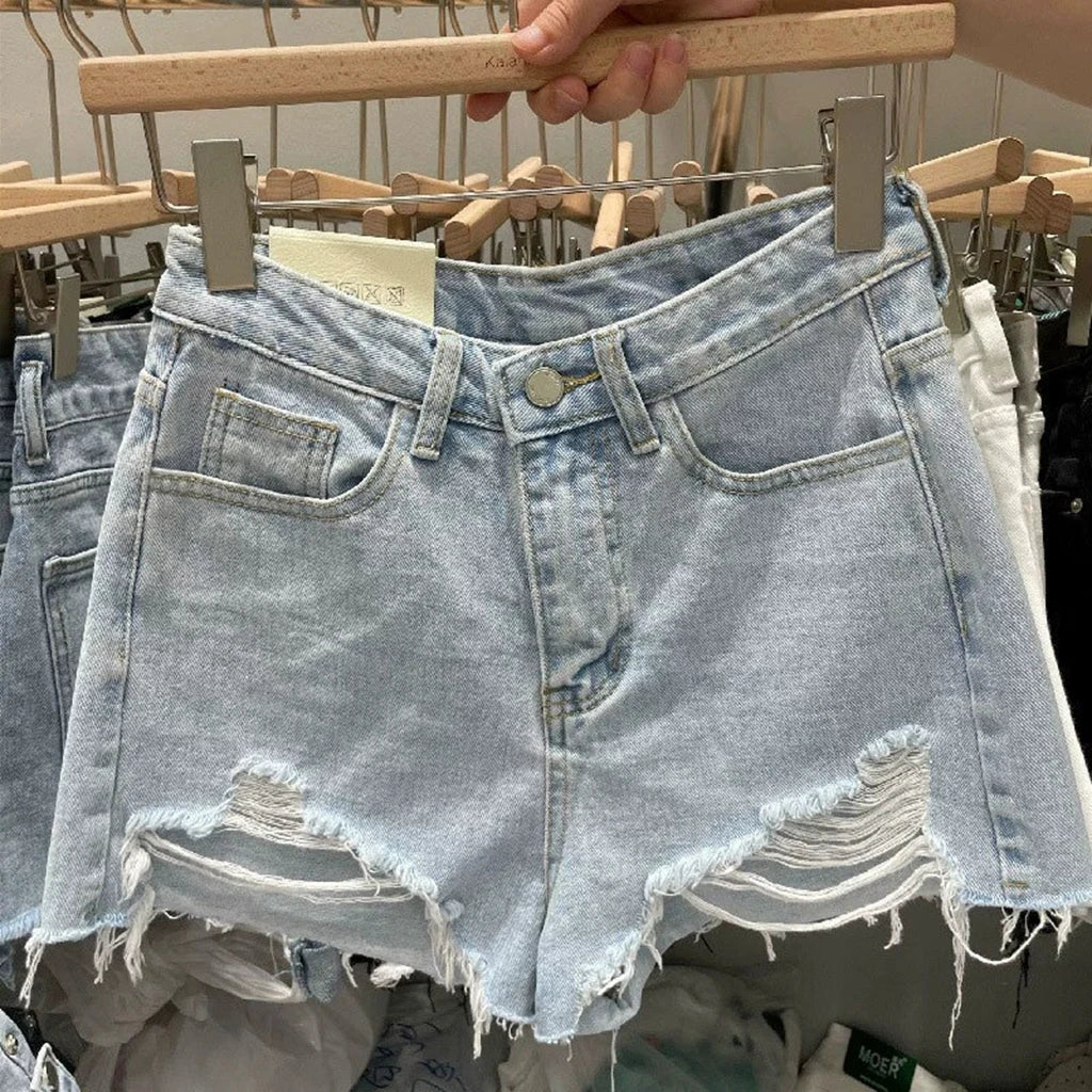 Summer Women Ripped Washed Hole Hight Waist Denim Pants Short Bermuda Pant Casual Tassel Tight Five-point Stitch Street Pants