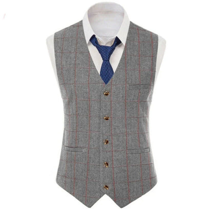 Men Vest Brown Checkered Vintage Slim Fit Jacket Wedding Groom Banquet Business Temperament Men Suit Vest