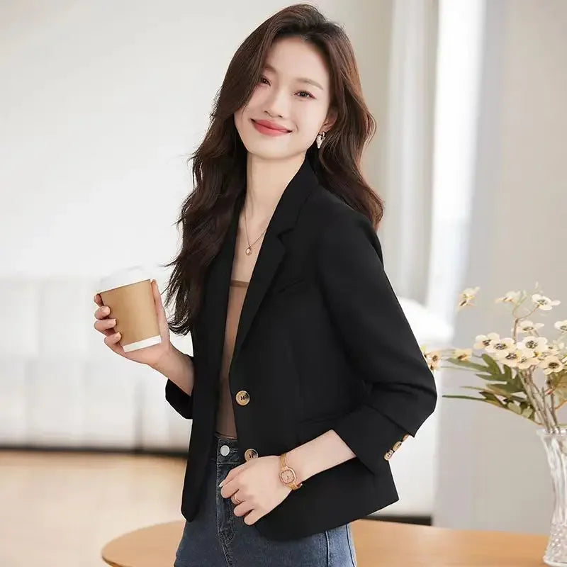Caramel Short Suit Jacket Women's Casual High-Waisted 2025 New Spring Autumn Short Style Upper Body Fashion Polyester Fiber