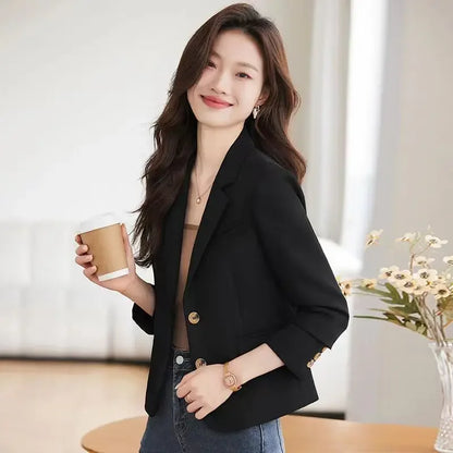 Caramel Short Suit Jacket Women's Casual High-Waisted 2025 New Spring Autumn Short Style Upper Body Fashion Polyester Fiber