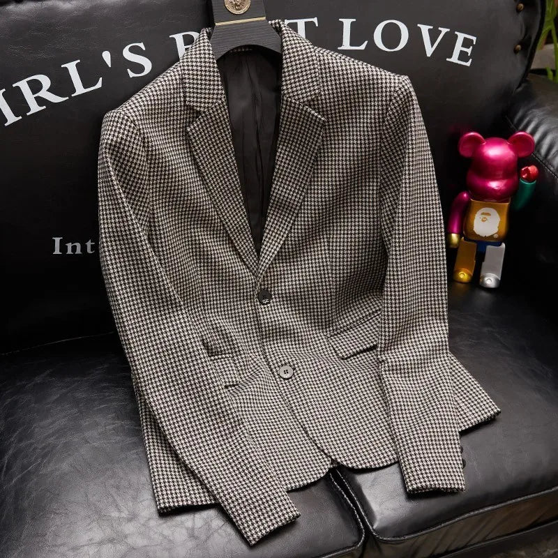 Plus-Size Men's Spring New Korean Style Slim-Fit Trendy Handsome Single-Breasted Houndstooth Suit Jacket