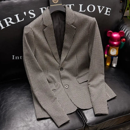 Plus-Size Men's Spring New Korean Style Slim-Fit Trendy Handsome Single-Breasted Houndstooth Suit Jacket