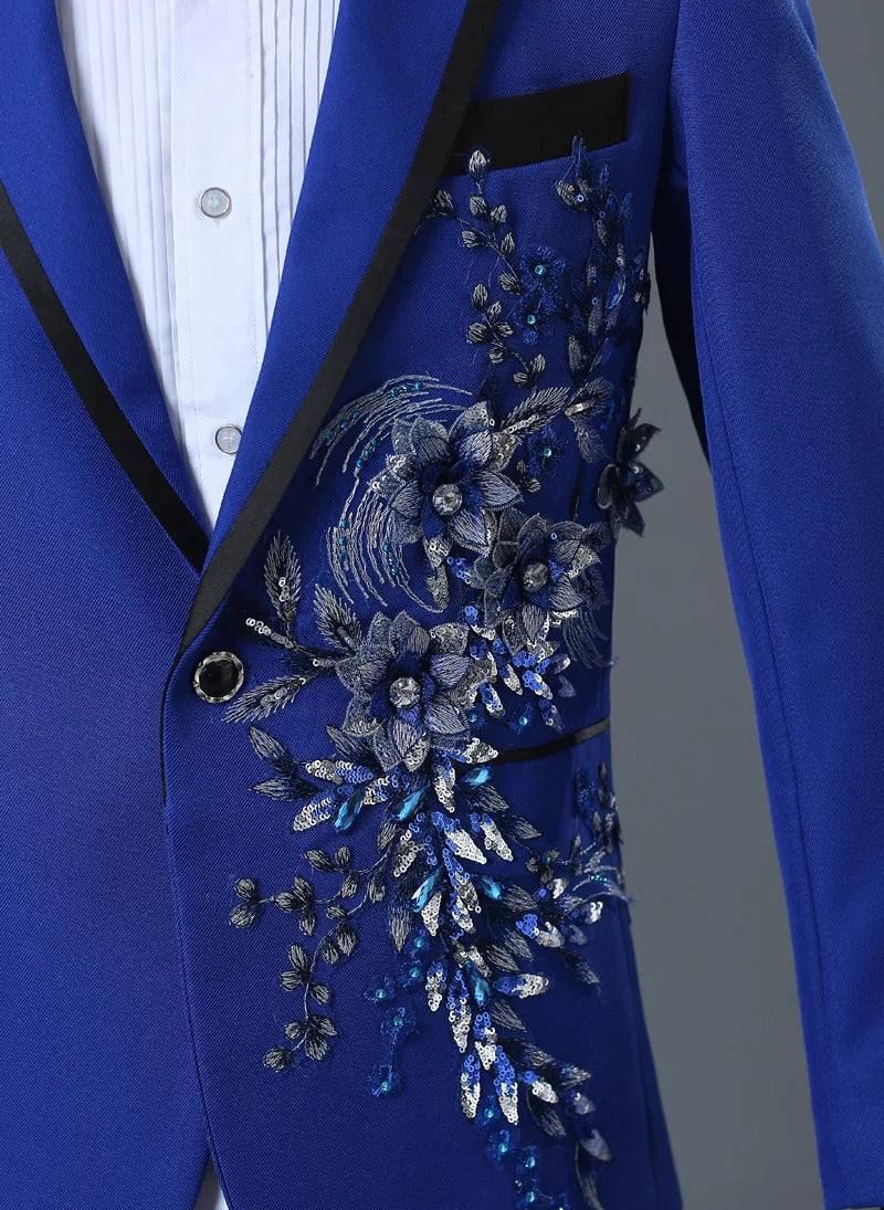 New Men Luxury Decal Suits Black / Red / Blue / White Fashion Singer Host Stage Performance Splicing Flower Blazers and Pants