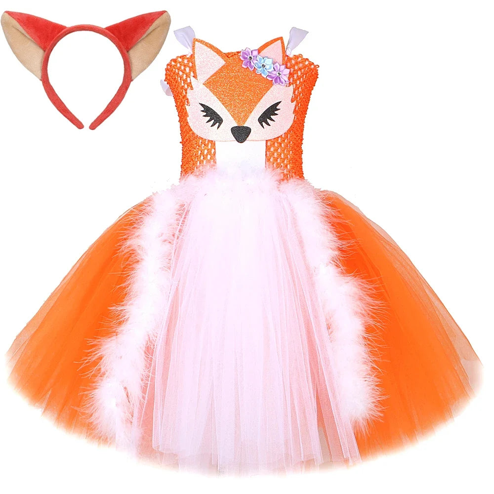 White Orange Fox Halloween Costumes for Girls Kids Animal Fancy Tutu Dress with Ears Children Birthday Carnival Party Outfits