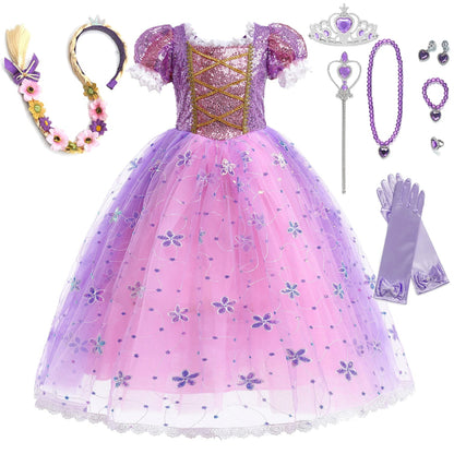 Girl Rapunzel Dress Kids Carnival Princess Costume Children Luxury Print Ball Gown Lace Sequin Gradient Fluffy Frocks